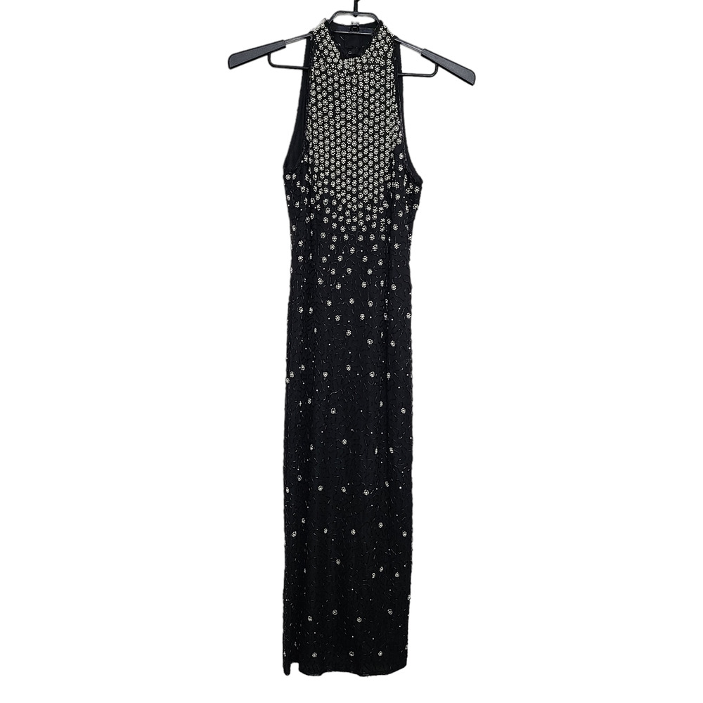Vintage Laurence Kazar Dress Gown Formal Beaded Petite Medium Floral Black